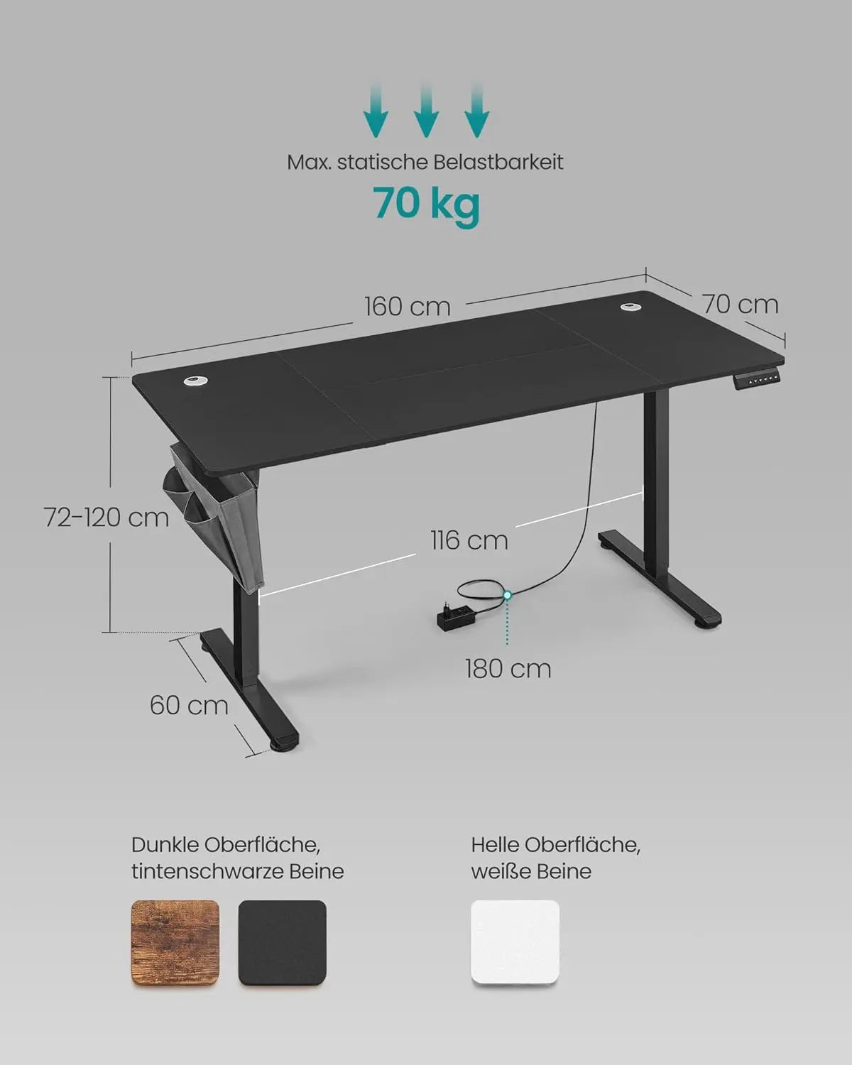 Elektrischer Schreibtisch 160x70 schwarz Metall von Songmics