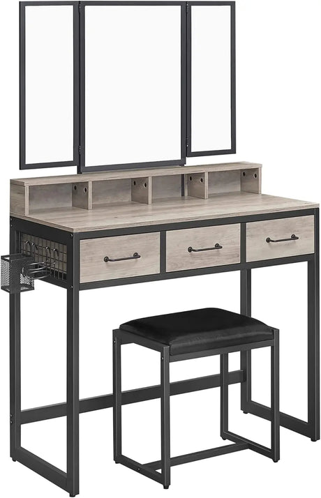 Schminktisch mit Spiegel und Hocker Greige Schwarz von Songmics