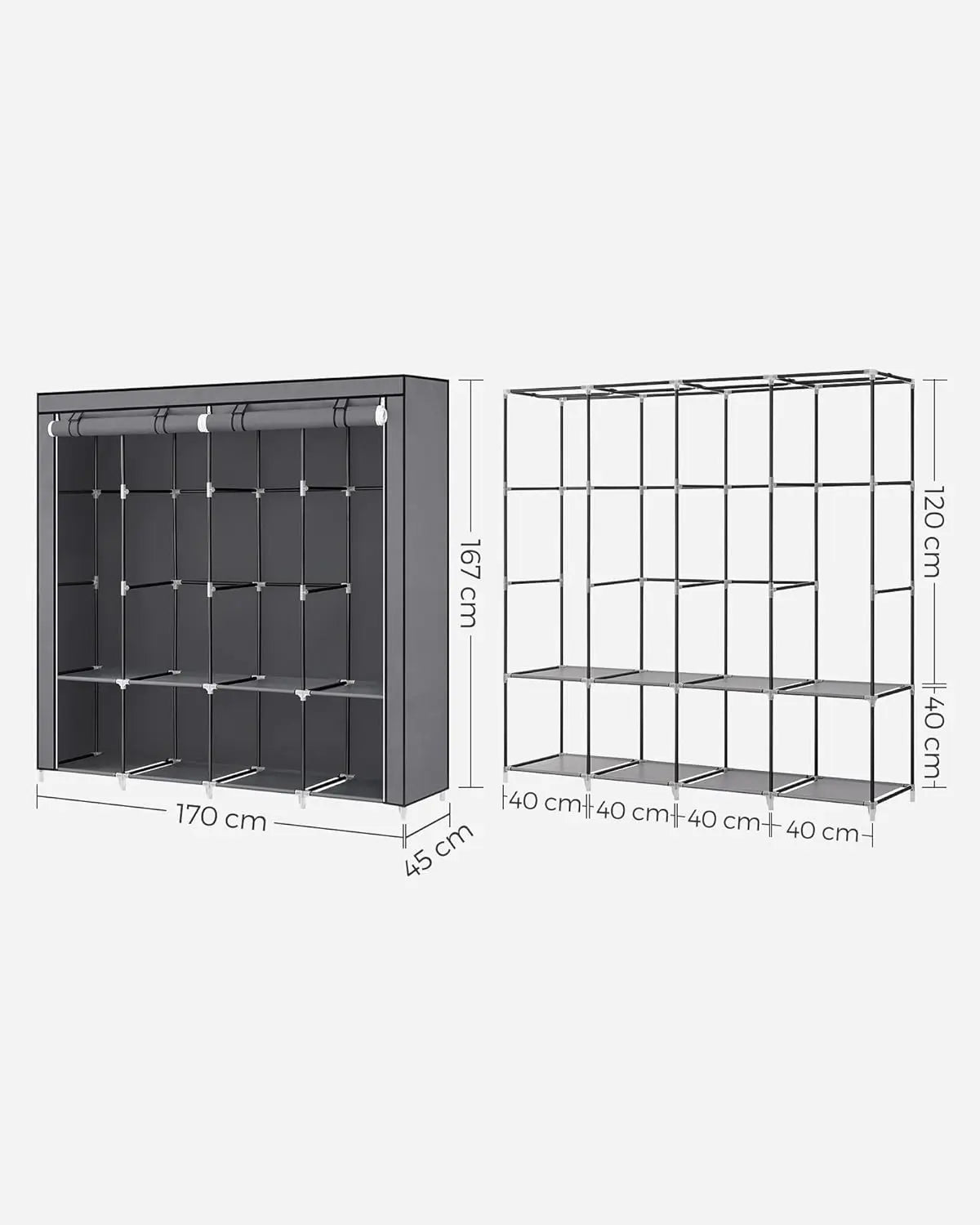 Stoffschrank 170cm grau 4 Hängefächer von Songmics