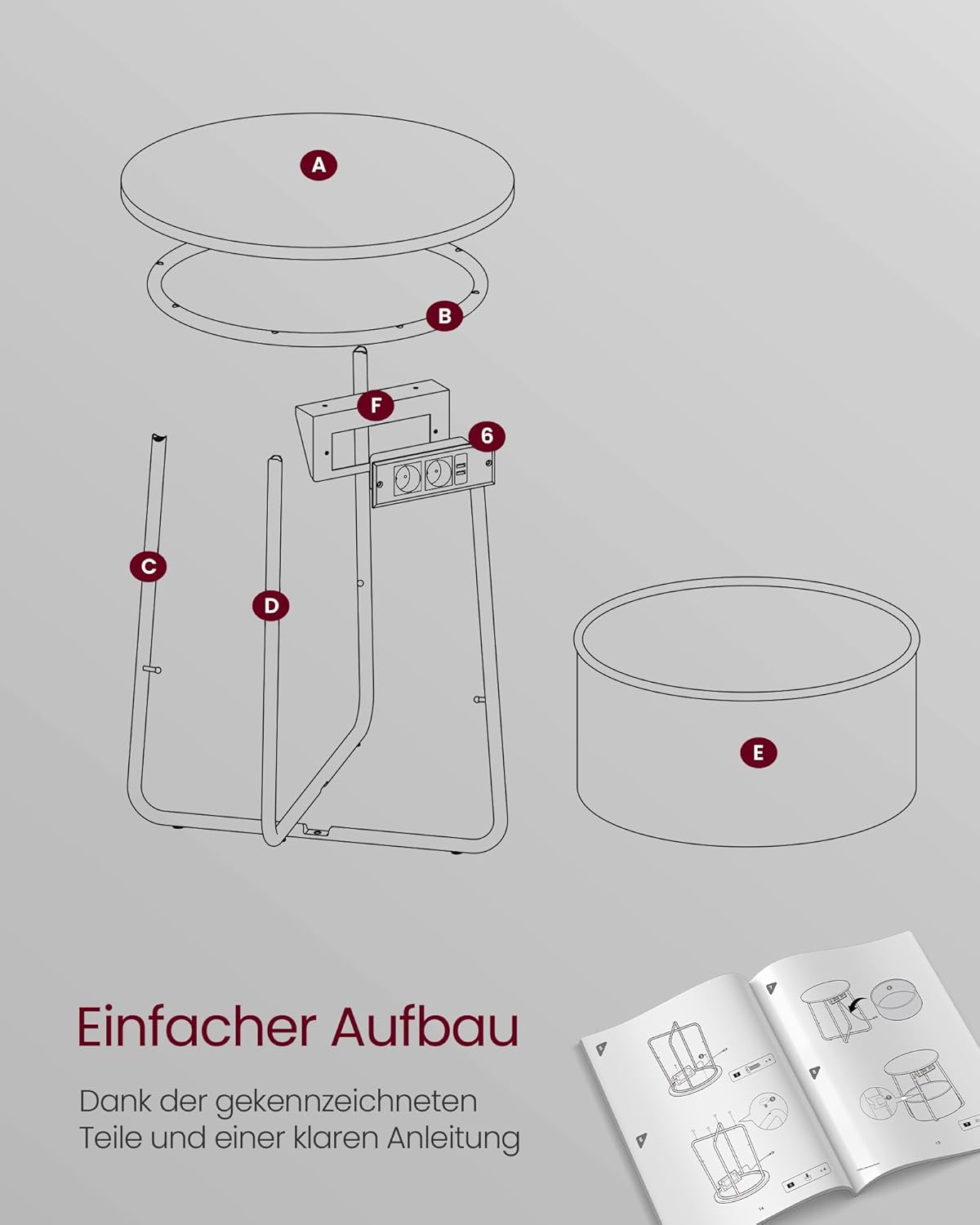 Beistelltisch mit Steckdose, Stauraum, schiefergrau von Songmics