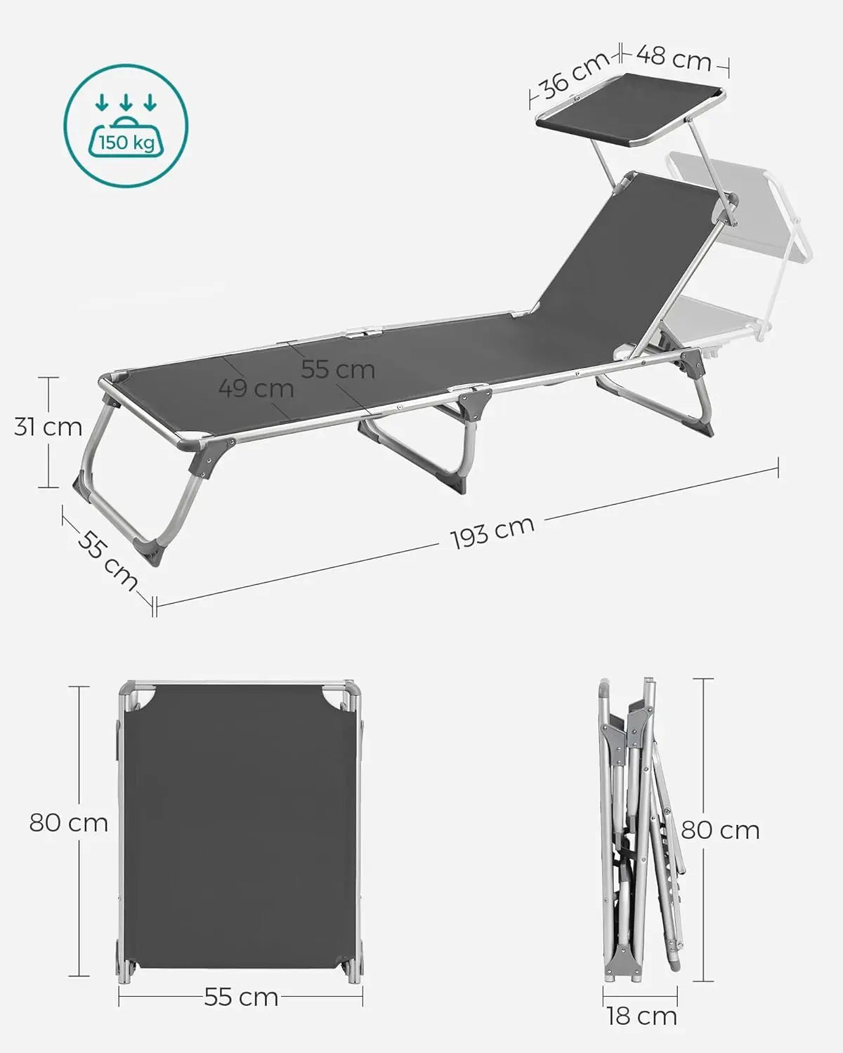 Sonnenliege mit Dach Aluminium rauchgrau von Songmics