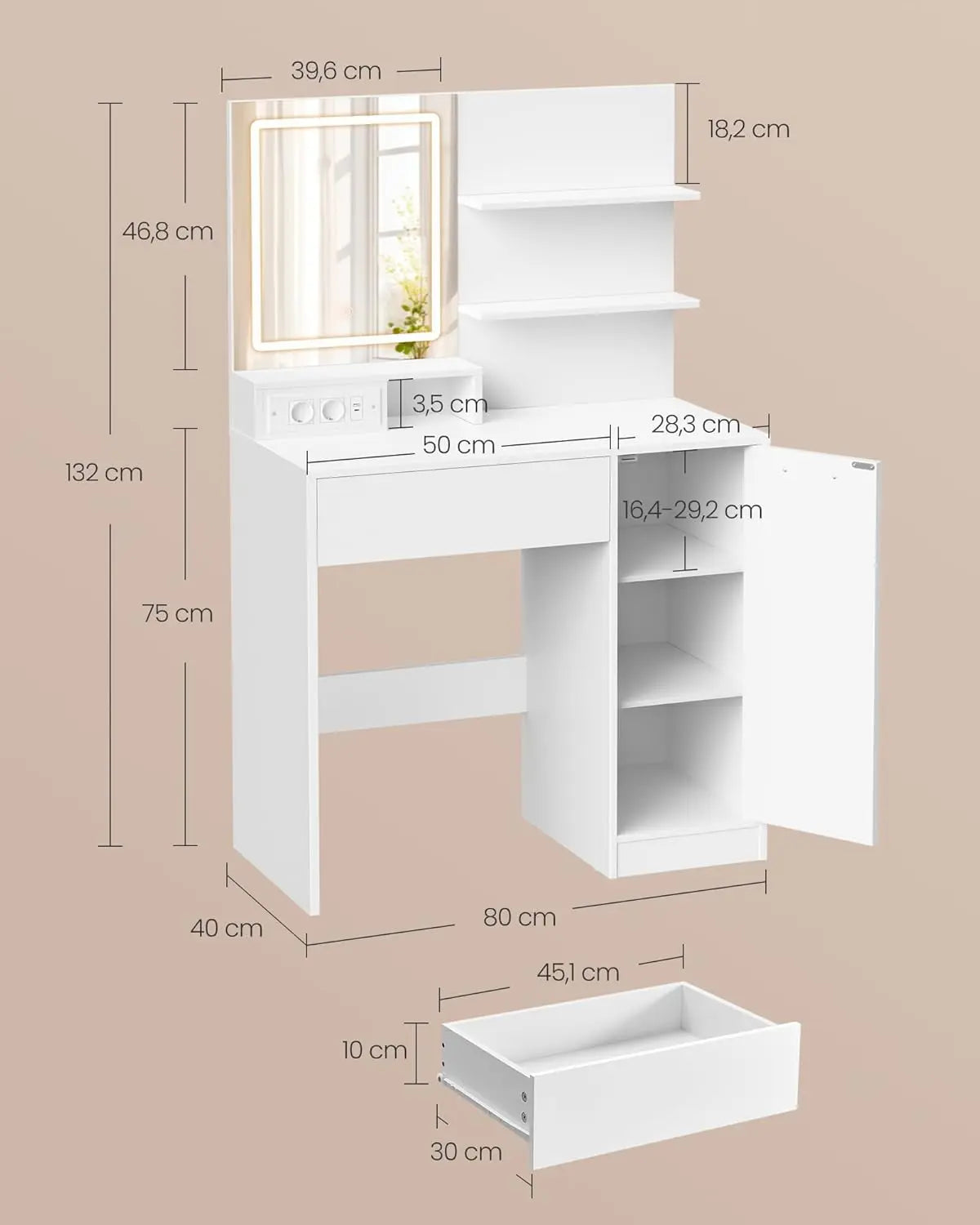 Schminktisch LED-Spiegel Steckdose weiss Holz von Songmics