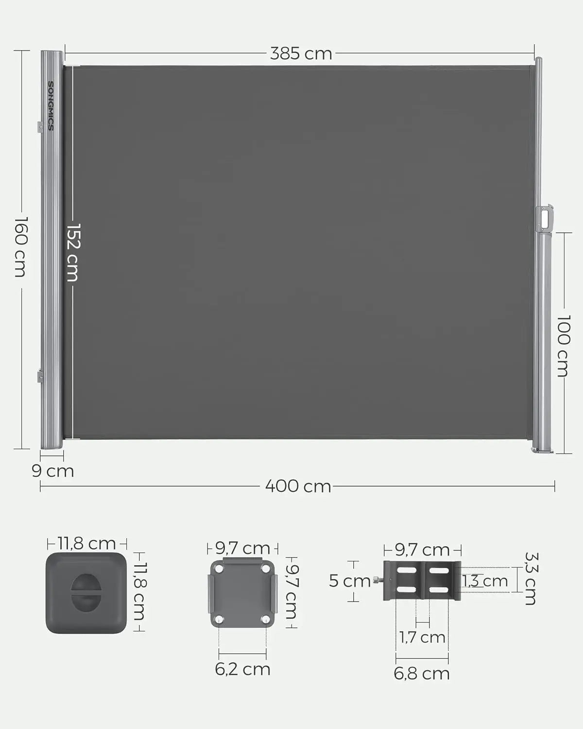 Seitenmarkise ausziehbar anthrazit Aluminium 160x400cm von Songmics