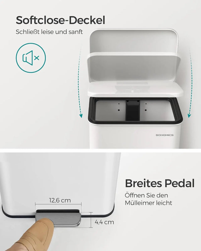 Mülleimer Küche 40L Stahl Weiss inkl. Müllbeutel von Songmics