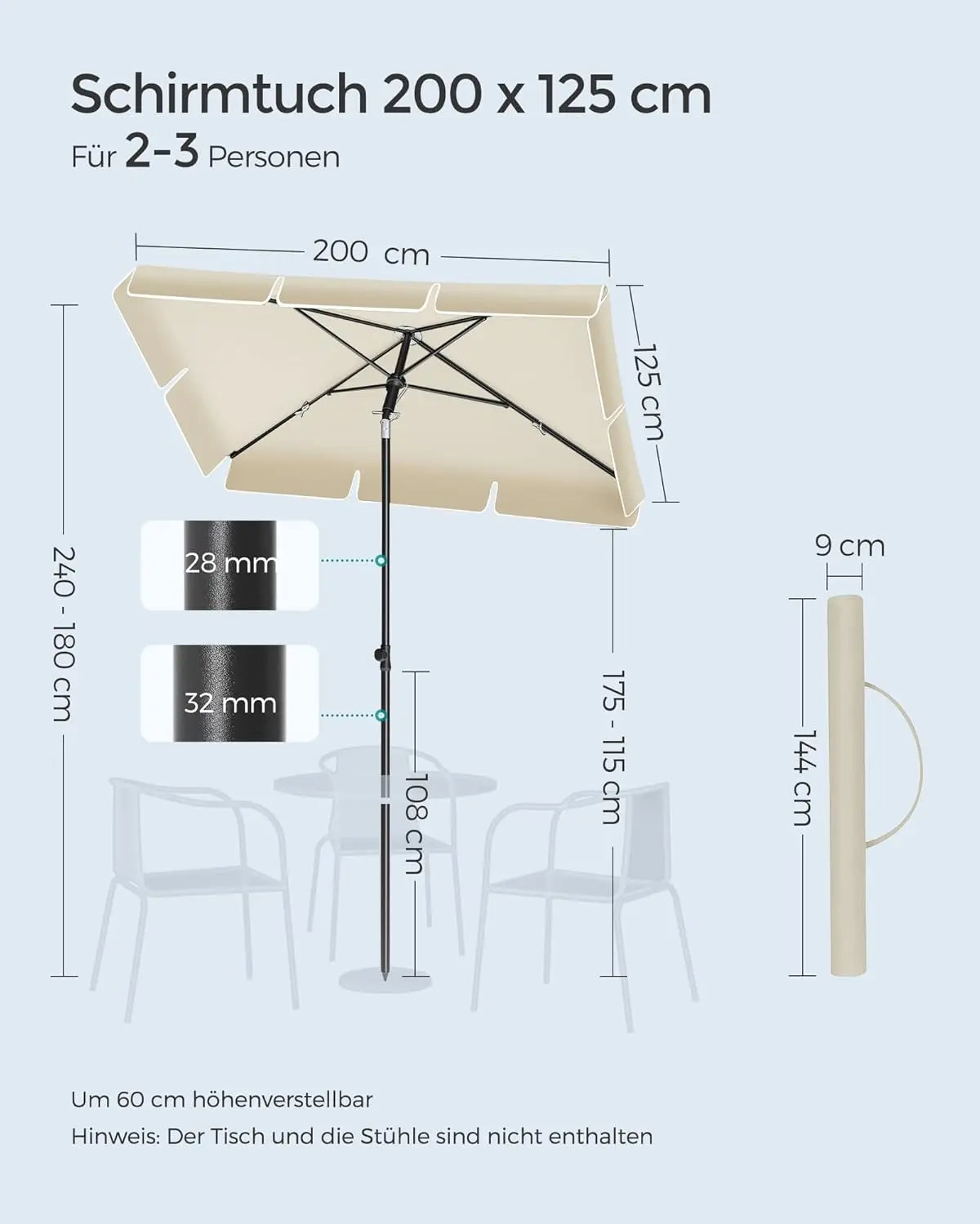 Balkonschirm 200x125cm UPF50+ beige von Songmics