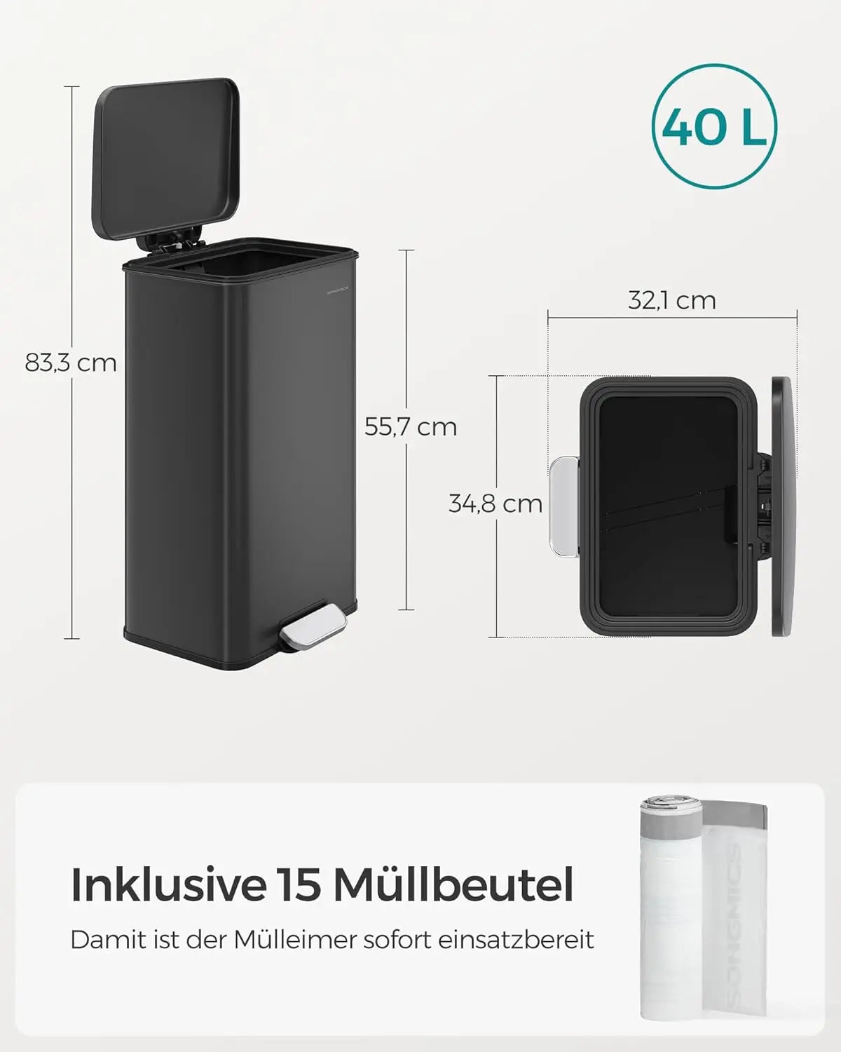 Abfalleimer 40L Softclose Schwarz Stahl von Songmics