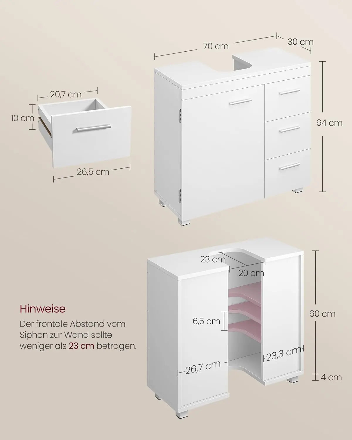Badezimmerschrank Waschbeckenunterschrank 3 Schubladen weiss Holz von Songmics