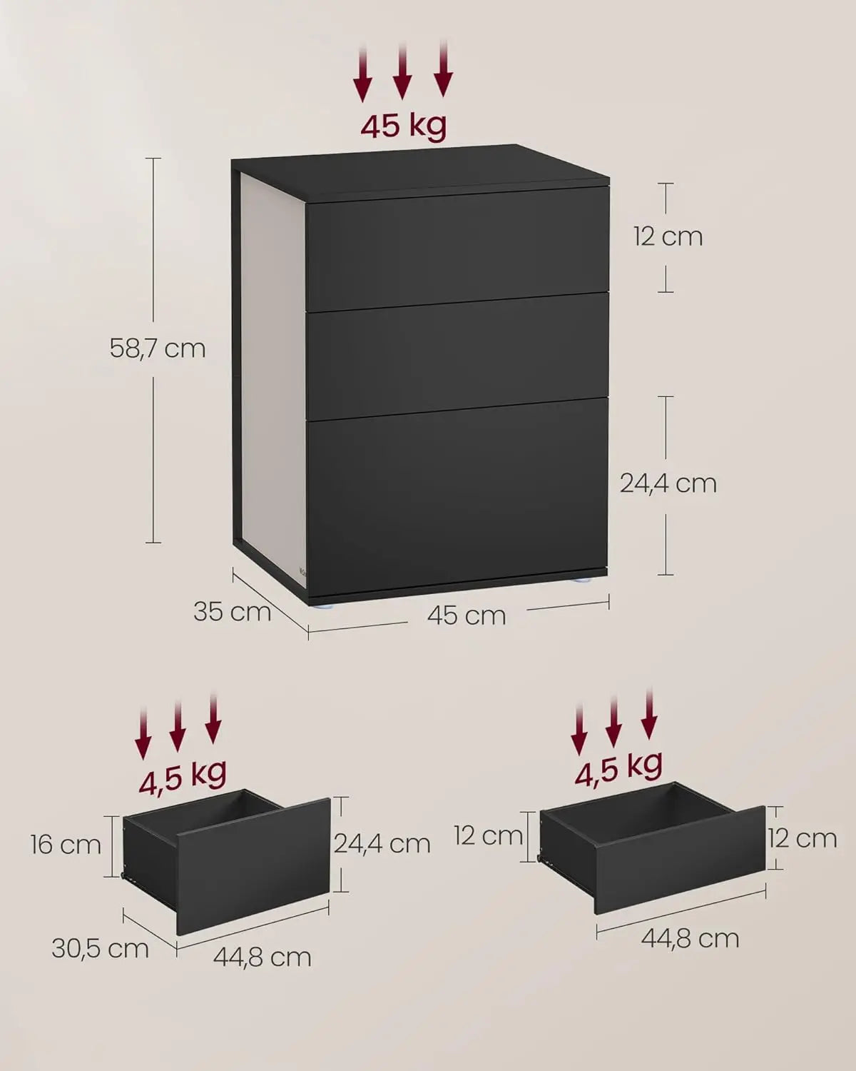 Nachttisch mit 3 Schubladen tintenschwarz von Songmics