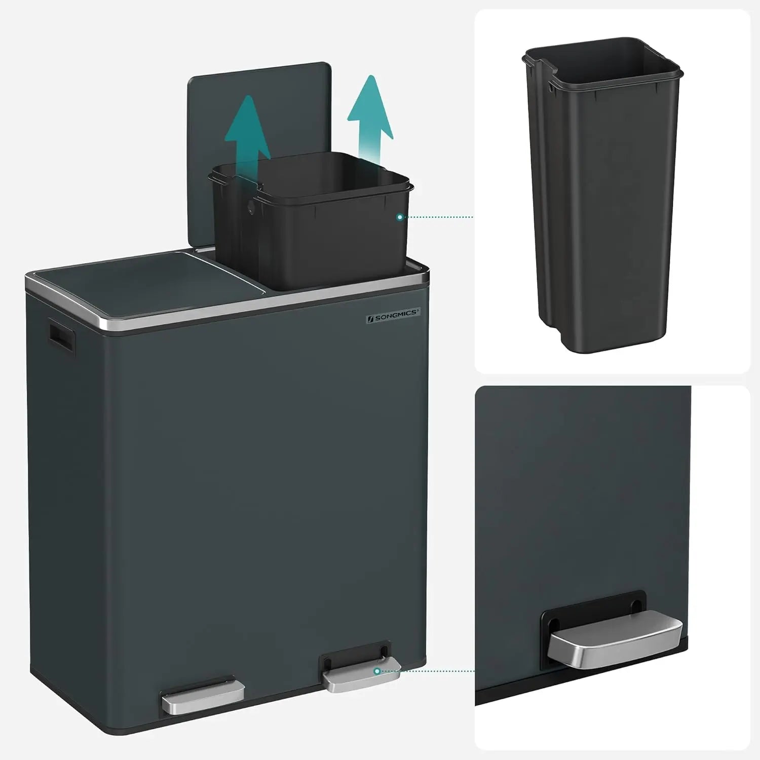 Treteimer 60L Mülltrennsystem grüngrau Metall von Songmics