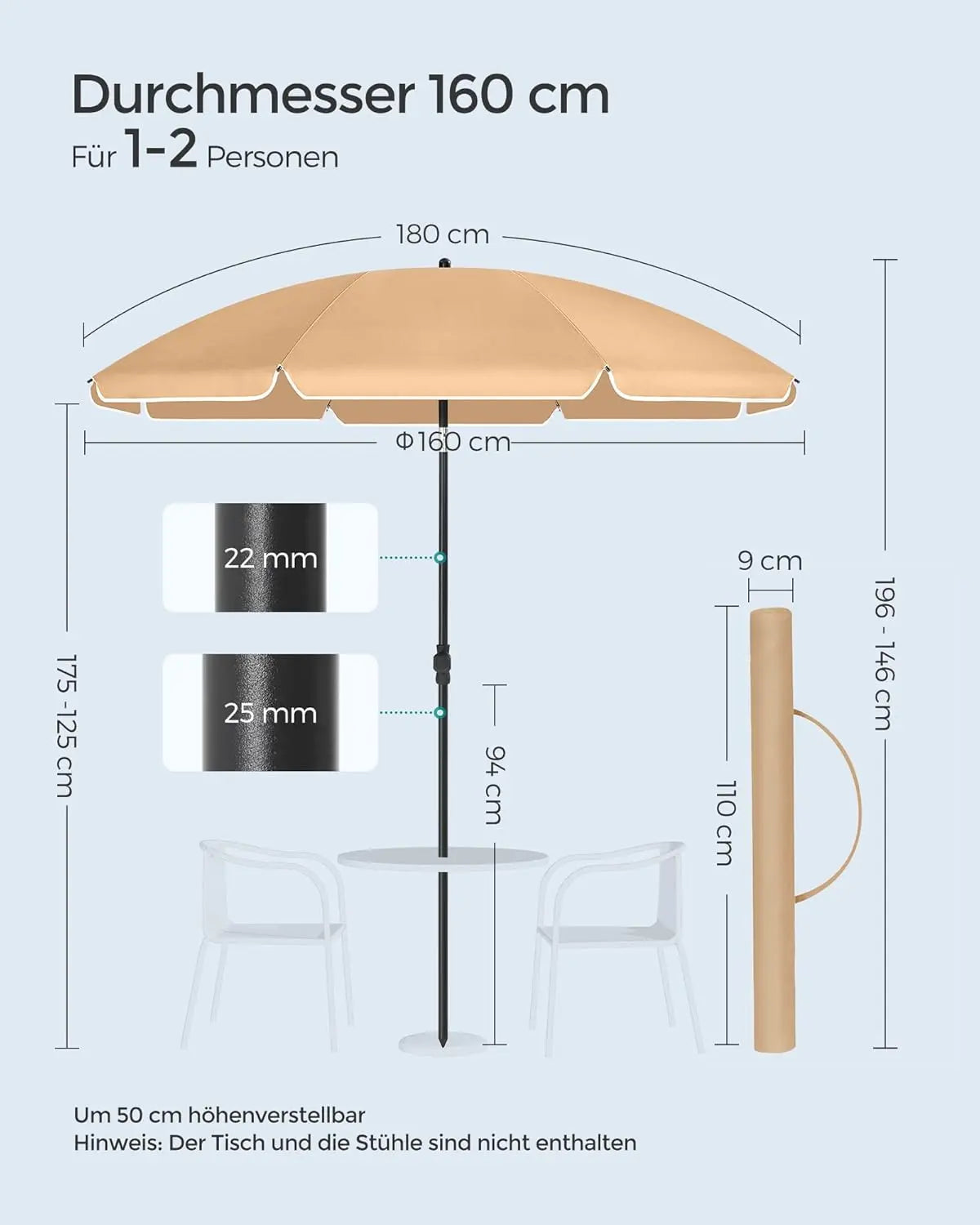 Sonnenschirm 160cm UPF50+ Taupe Polyester von Songmics