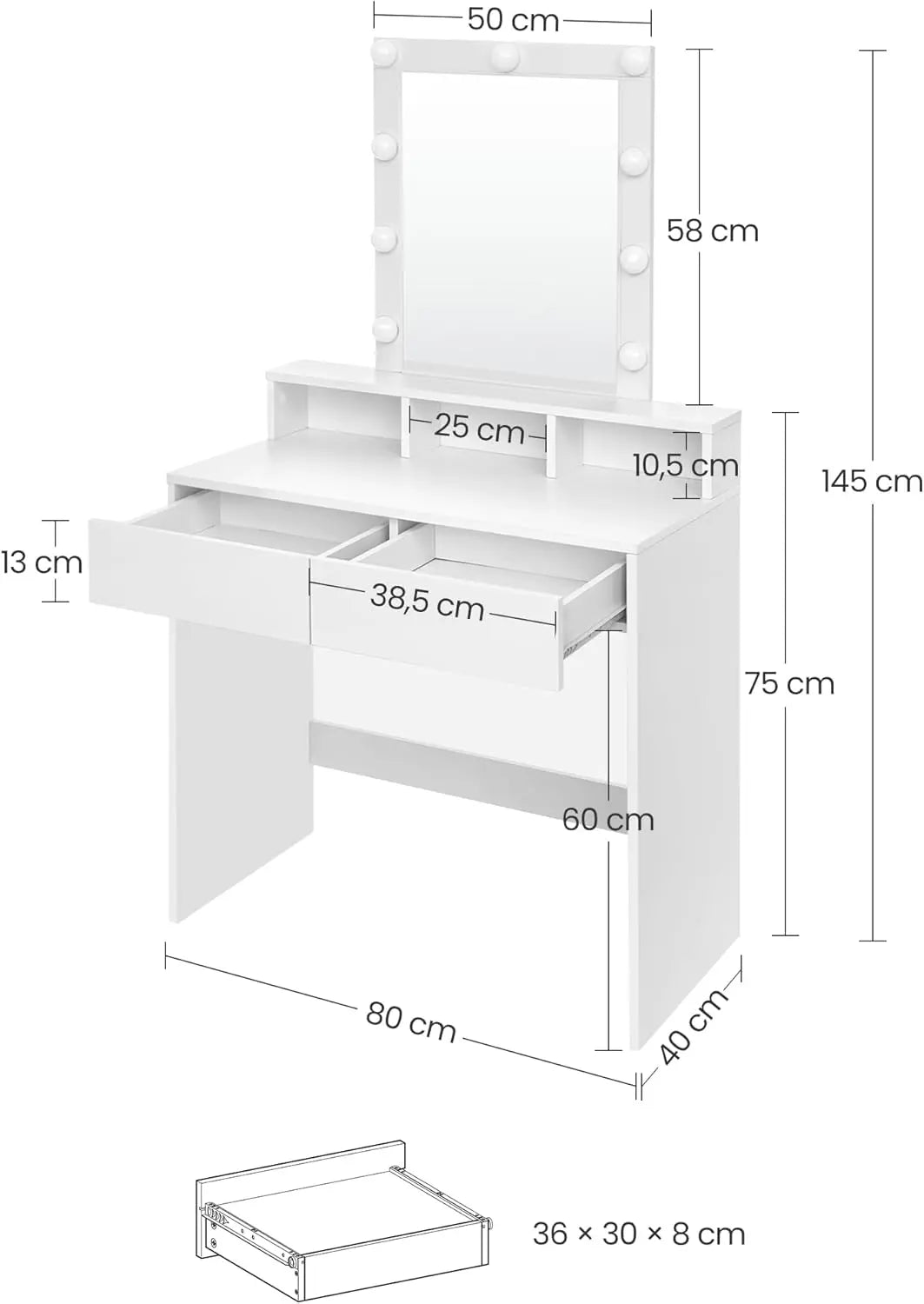 Schminktisch LED Spiegel Schubladen Fächer Weiss von Songmics