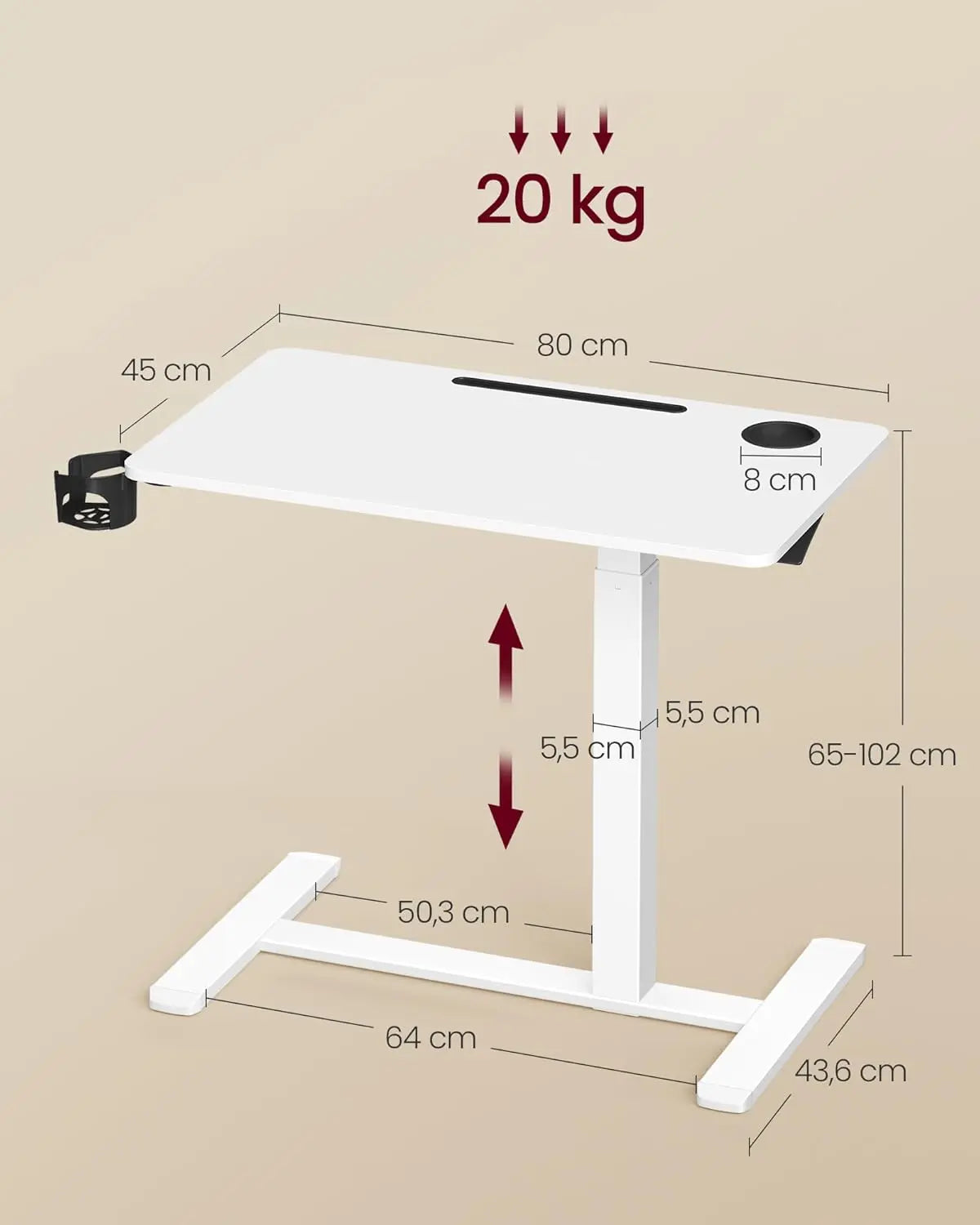 Stehtisch höhenverstellbar mit Rollen 80 x 45 cm weiss von Songmics