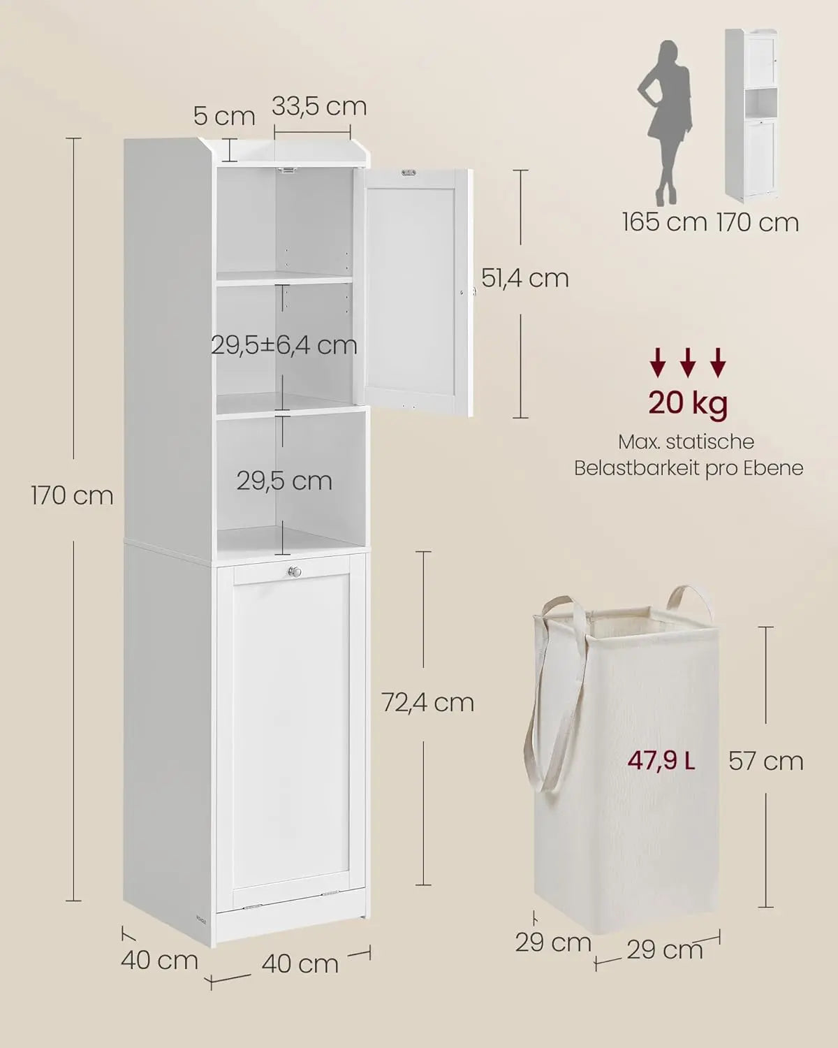 Badezimmerschrank Hoch Wäschekorb Tür Verstellbar Weiss von Songmics