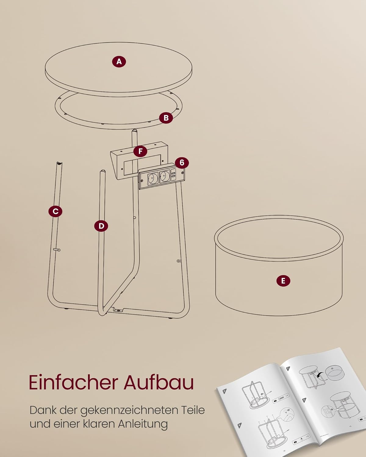 Beistelltisch mit Steckdose Stauraum, Mattweiss-Kamelbraun von Songmics