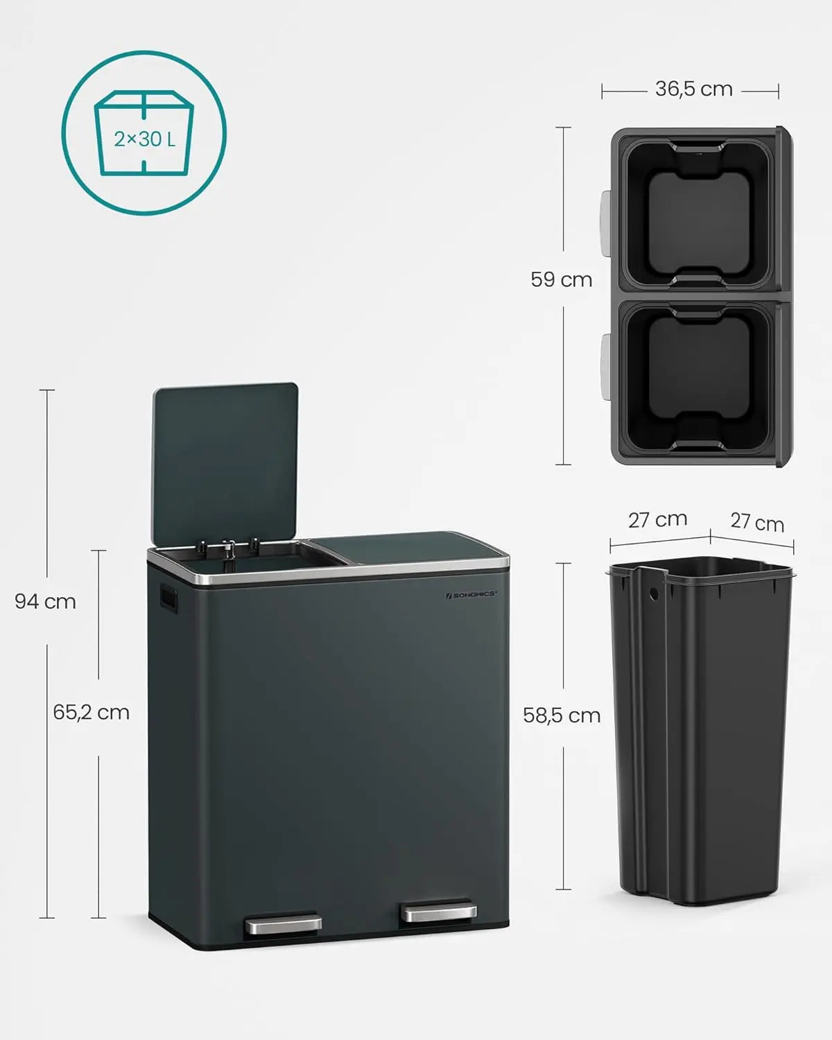 Treteimer 60L Mülltrennsystem grüngrau Metall von Songmics