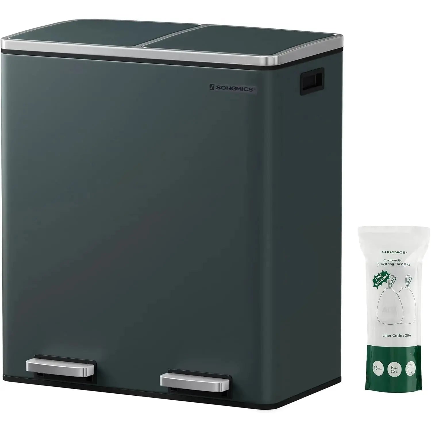 Treteimer 60L Mülltrennsystem grüngrau Metall von Songmics