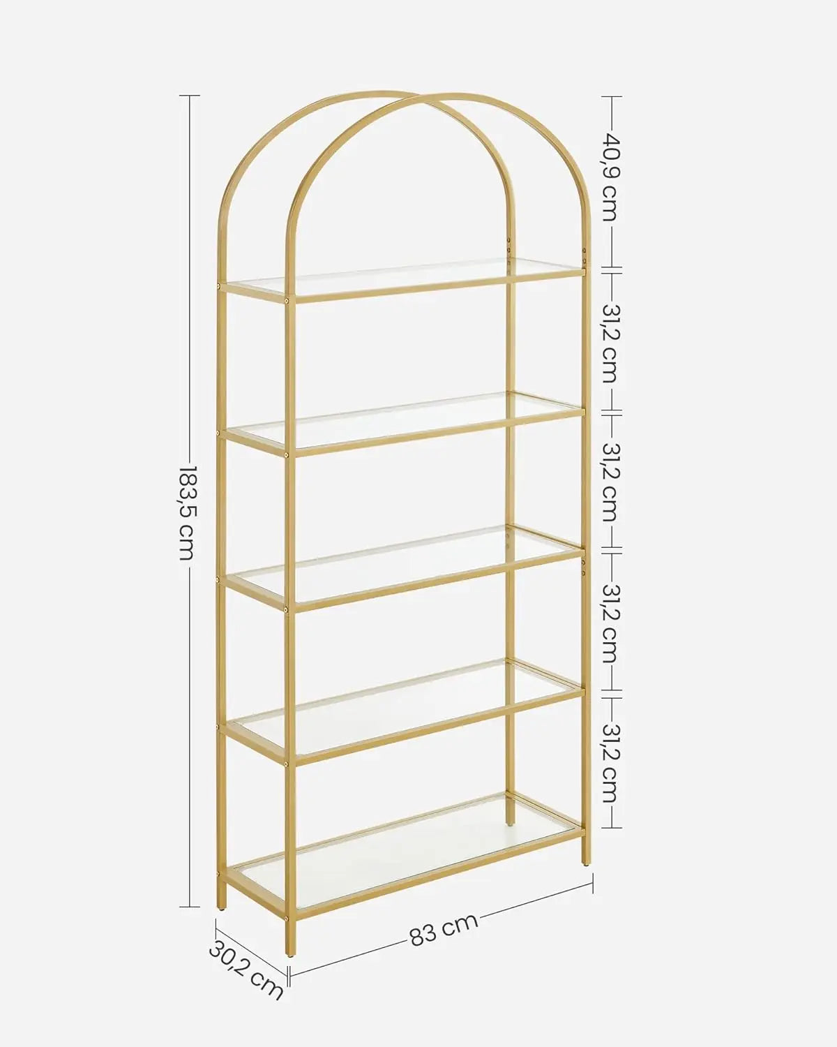 Regal Standregal Hartglas Bogenform Metall Goldfarben von Songmics