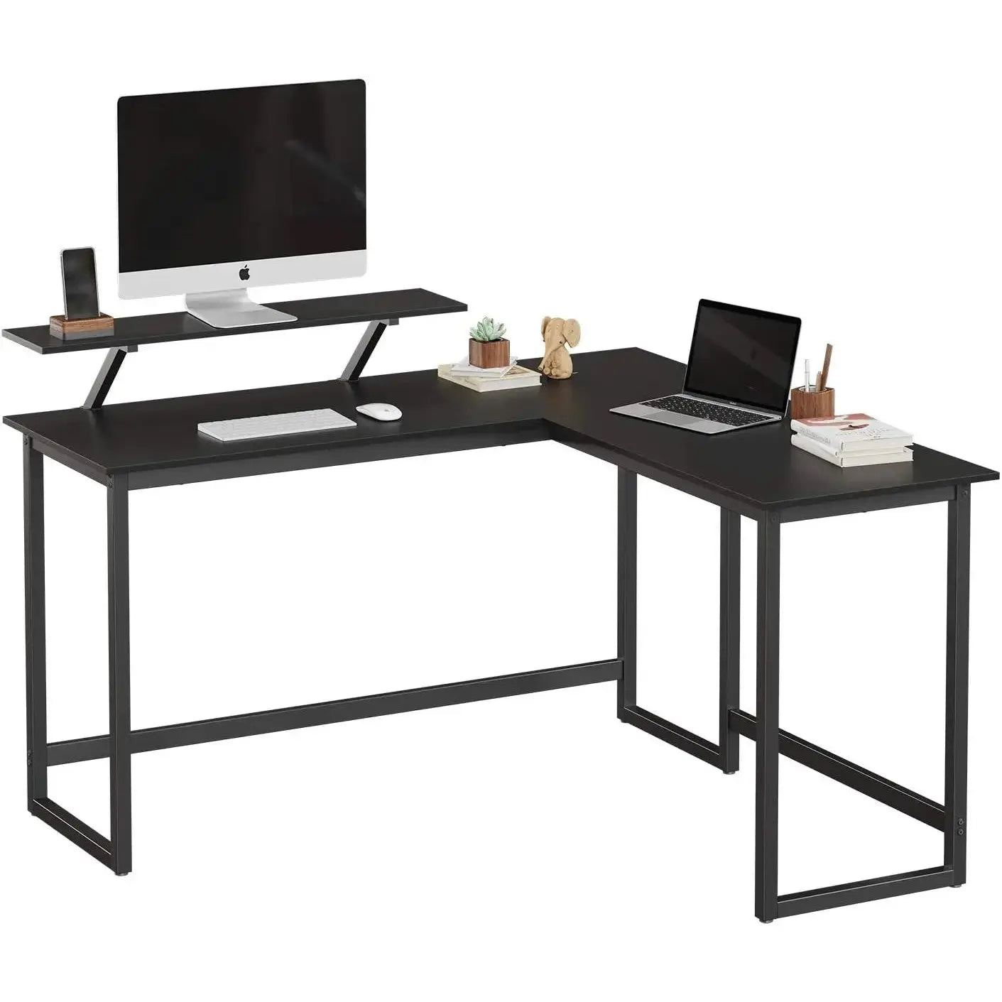 L-Schreibtisch platzsparend Monitoraufsatz schwarz Metall von Songmics