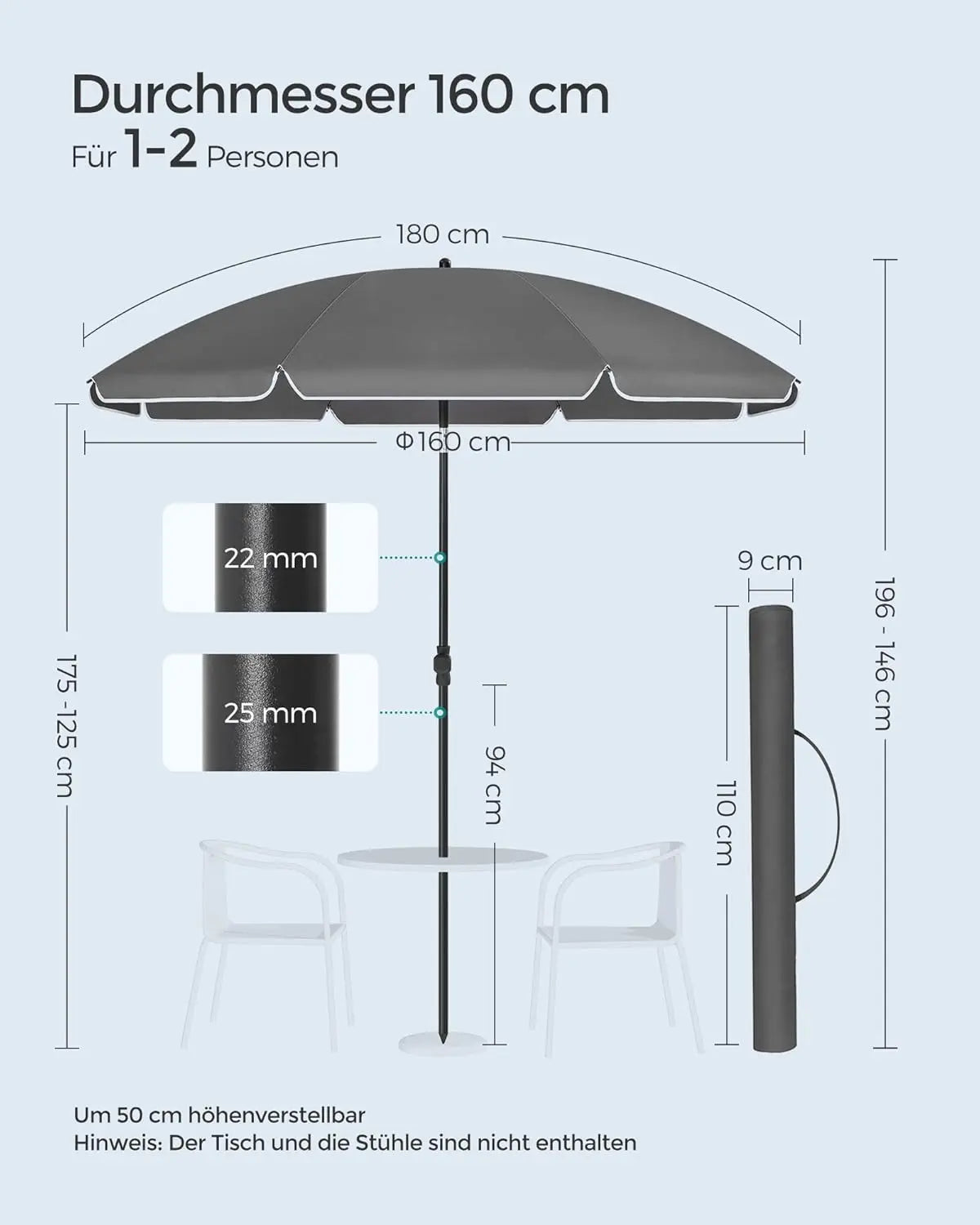 Sonnenschirm 160cm UPF50+ neigbar grau Polyester von Songmics