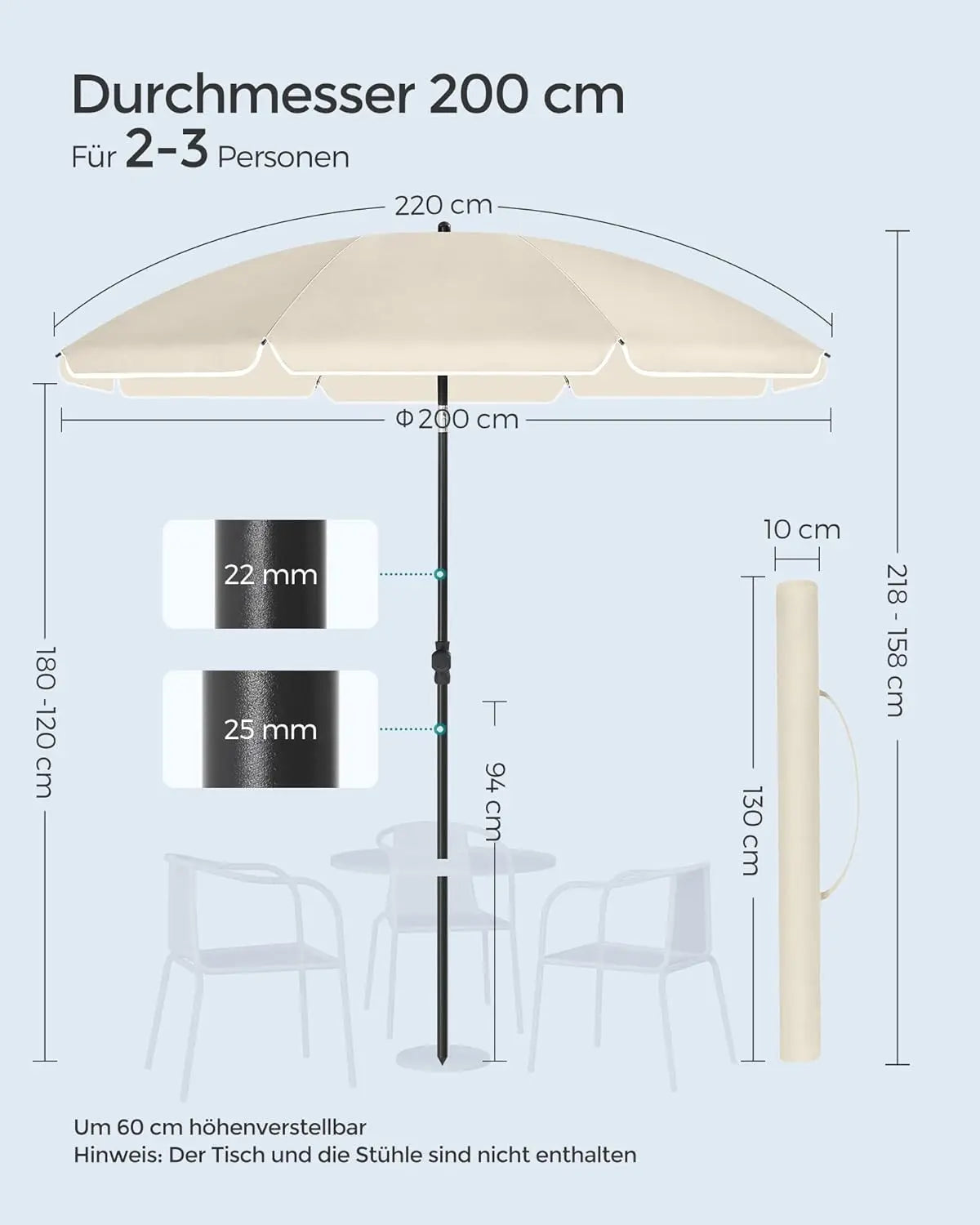 Sonnenschirm 200cm UPF50+ Beige Polyester von Songmics