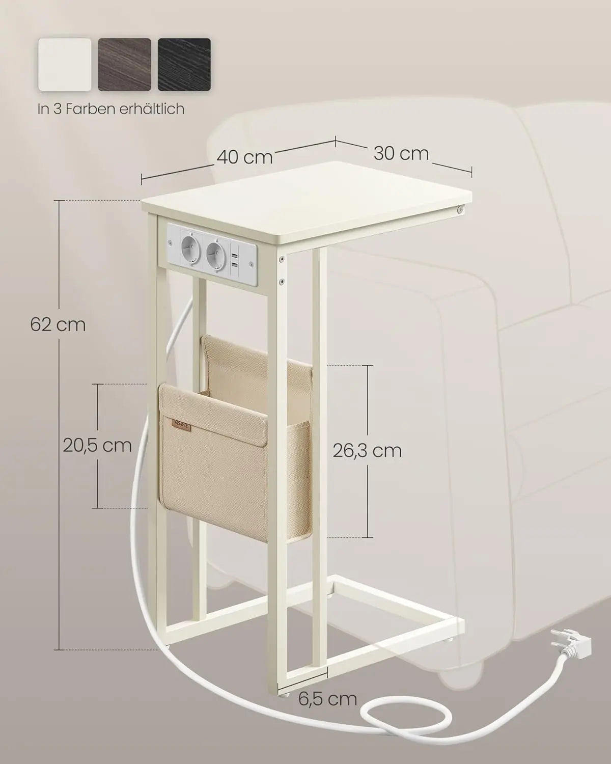 Beistelltisch mit Ladestation USB Cremeweiss von Songmics