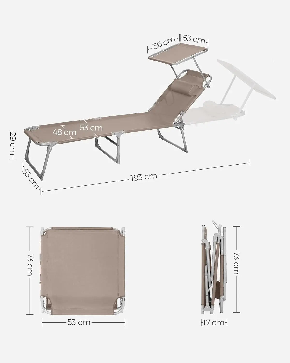 Sonnenliege klappbar 150kg taupe Stahl von Songmics