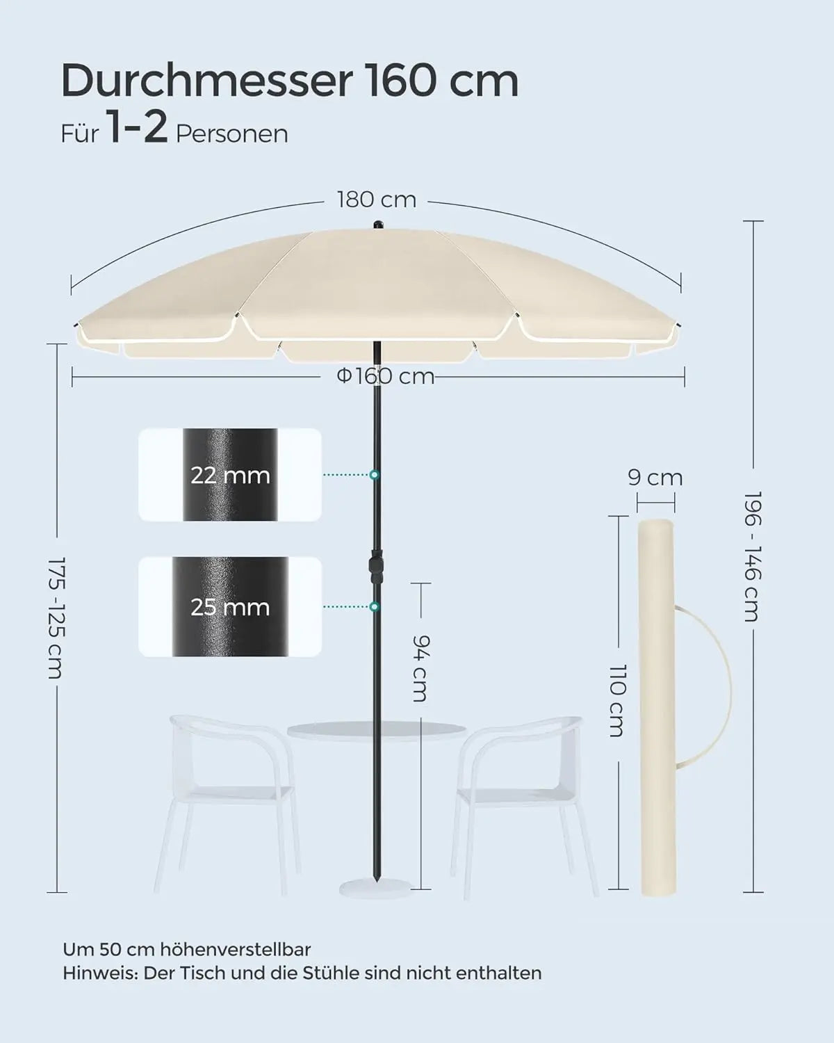 Sonnenschirm 160cm UPF50+ neigbar beige von Songmics