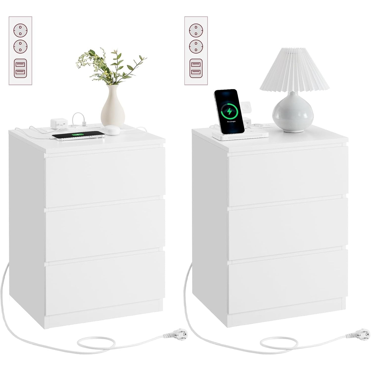 Nachttisch Set mit Steckdosen Modern Weiss von Songmics