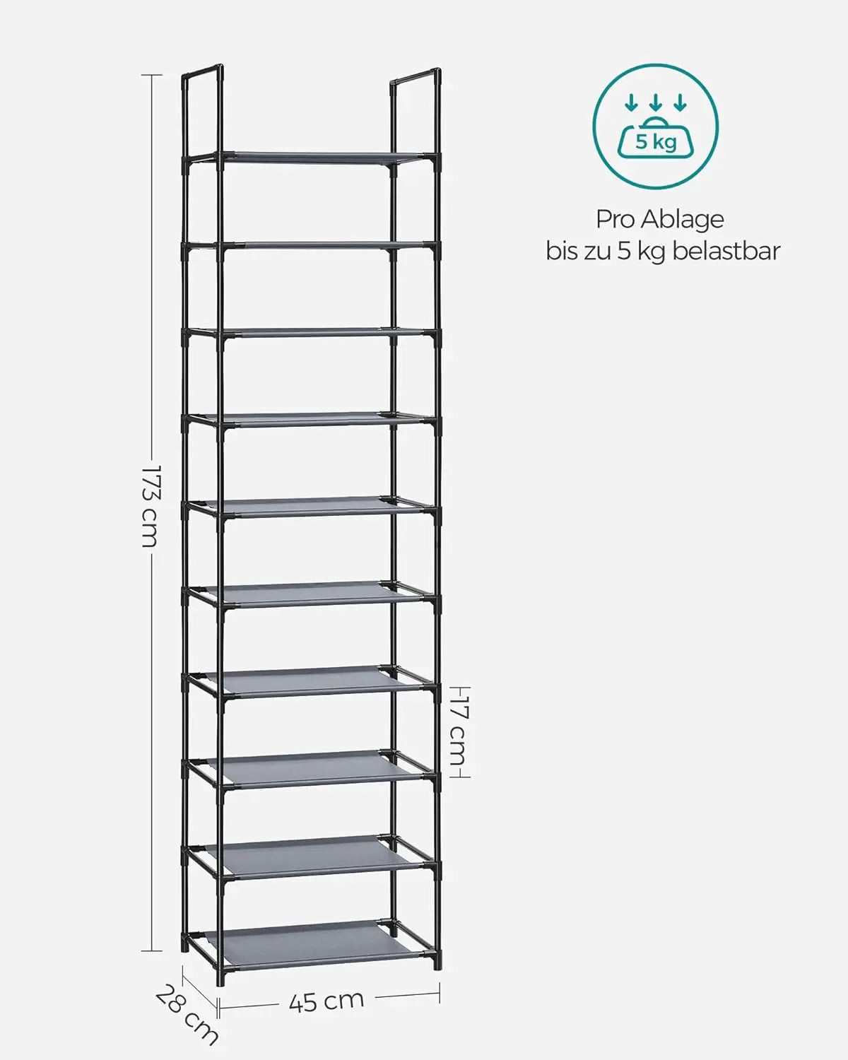 Schuhregal 10 Ebenen 45 cm breit grau Metall von Songmics