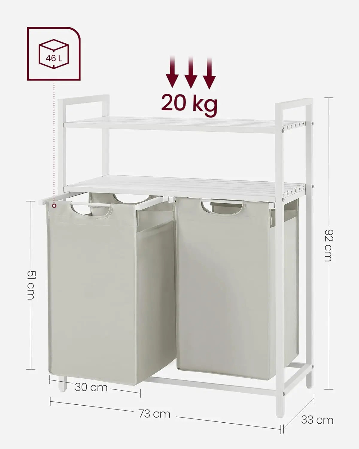 Wäschekorb mit 2 Fächern und 2 Ablagen, ausziehbar, weiss von Songmics