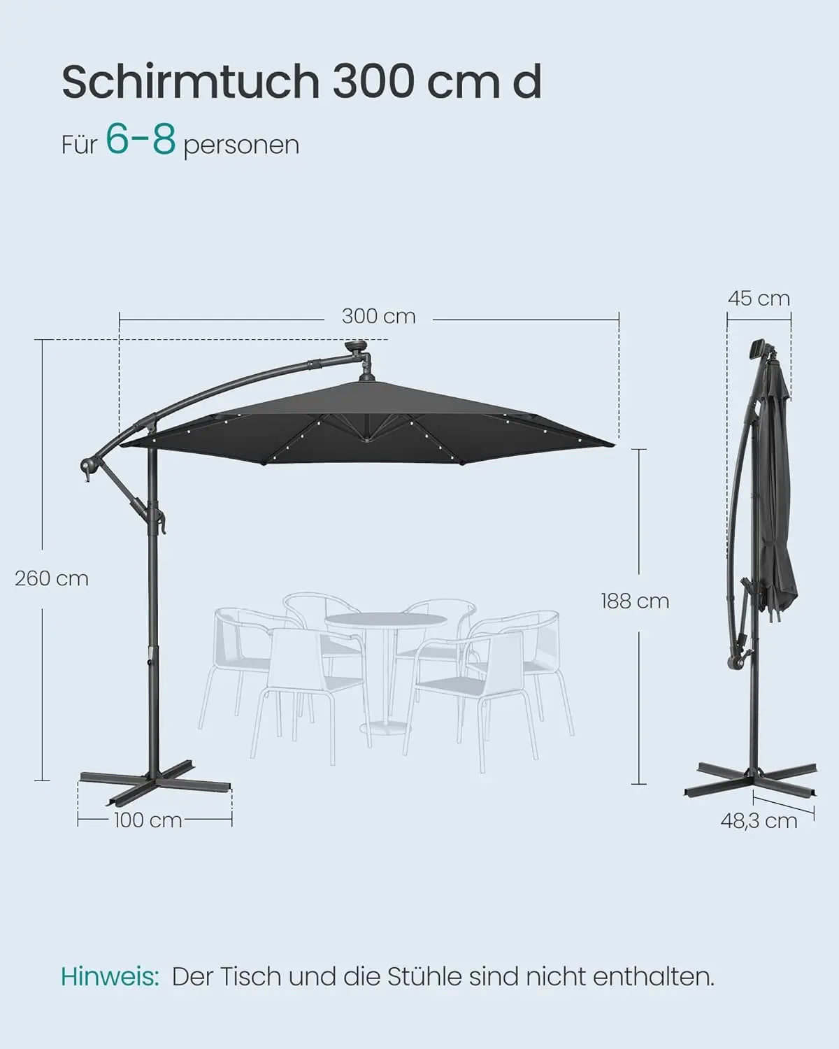 Ampelschirm LED-Solar 300cm grau Aluminium von Songmics