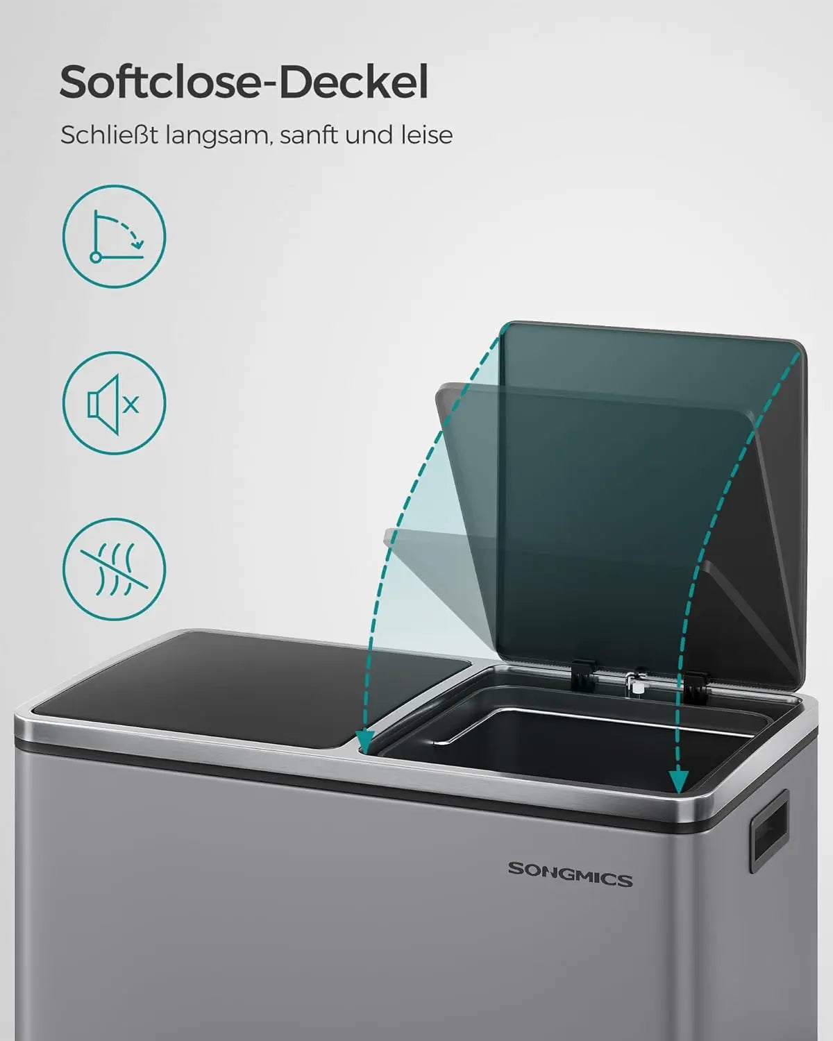 Treteimer 60L Mülltrennsystem Schiefergrau Metall von Songmics