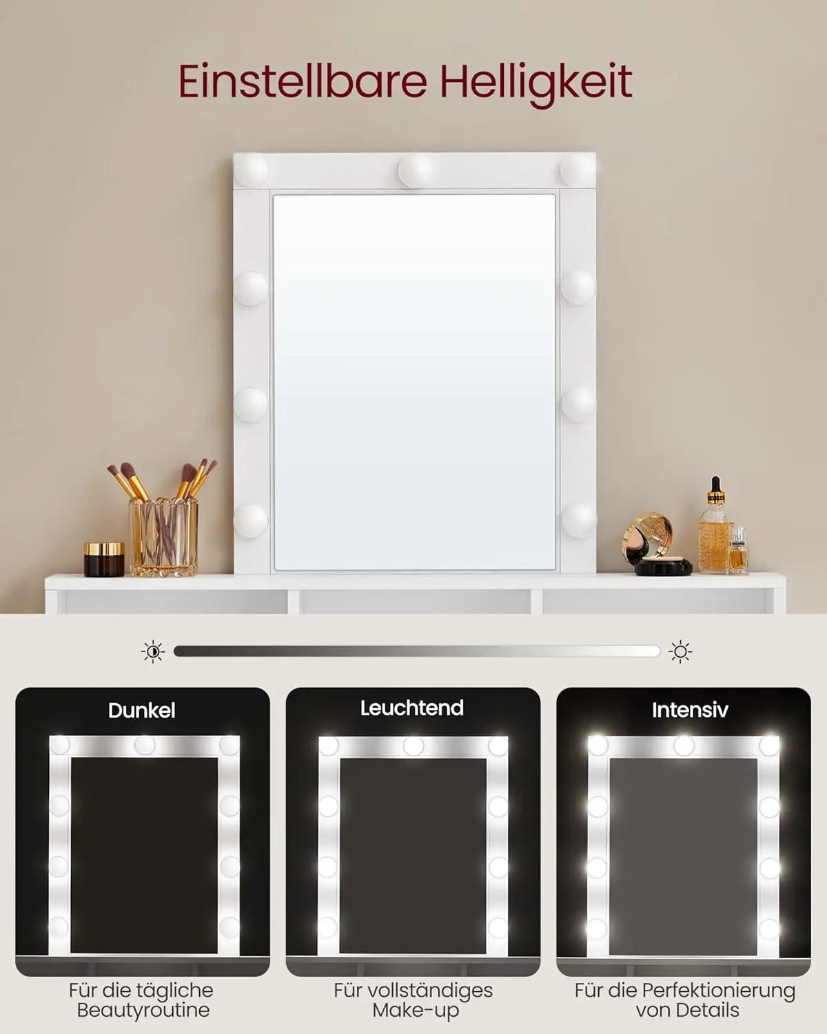 Schminktisch LED Beleuchtung Spiegel Schubladen, 100 x 40 x 145 cm, Weiss von Songmics