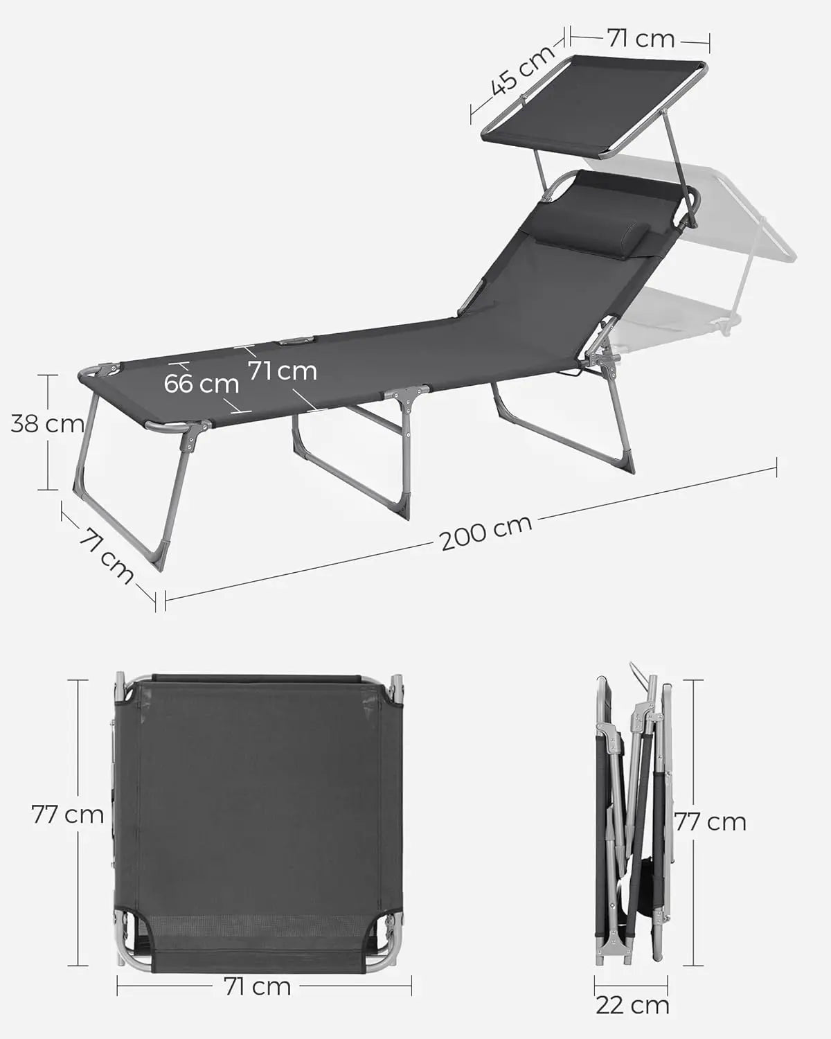 Sonnenliege klappbar verstellbar 150kg dunkelgrau Stahl von Songmics