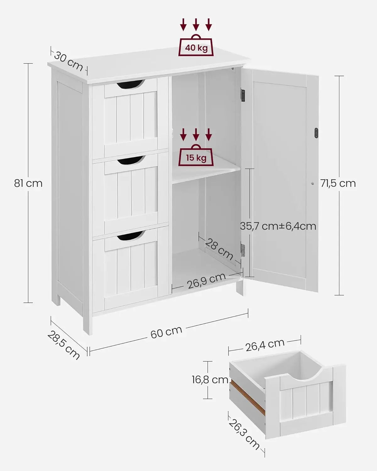 Badezimmerschrank mit 4 Schubladen und Tür Weiss von Songmics