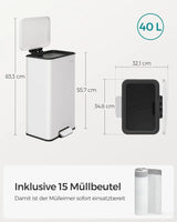Mülleimer Küche 40L Stahl Weiss inkl. Müllbeutel von Songmics