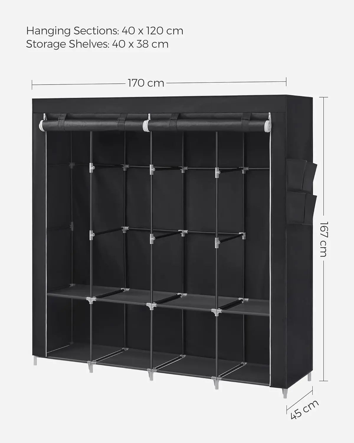 Stoffschrank 170cm schwarz 4 Hängefächer von Songmics