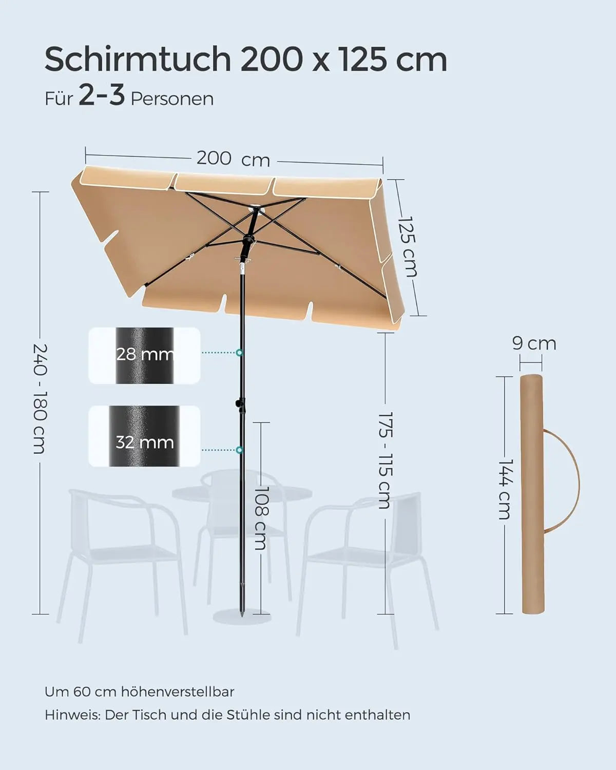 Balkonschirm knickbar UPF50+ taupe Polyester 200 x 125 cm von Songmics