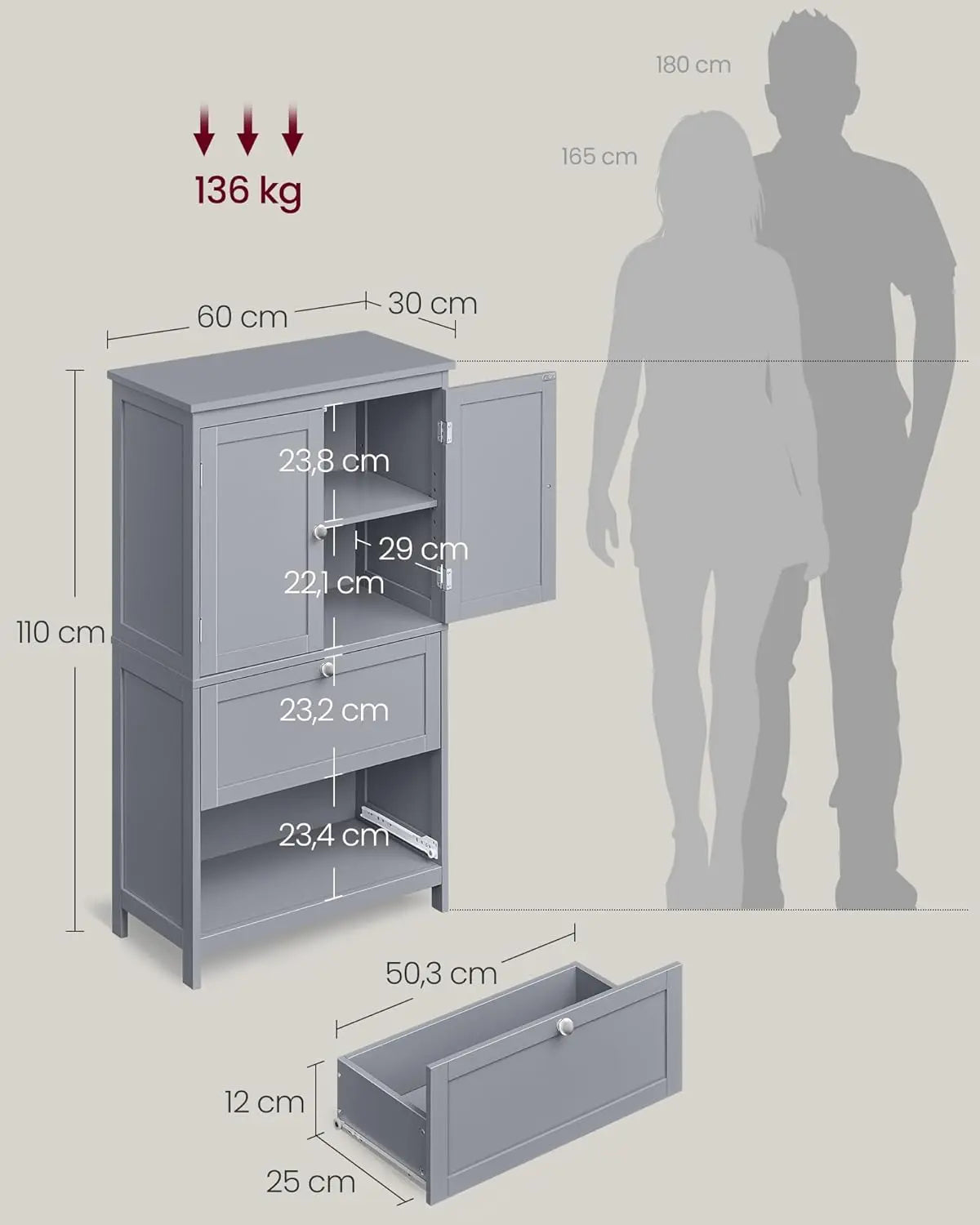 Badezimmerschrank 2 Türen Taubengrau Holz von Songmics