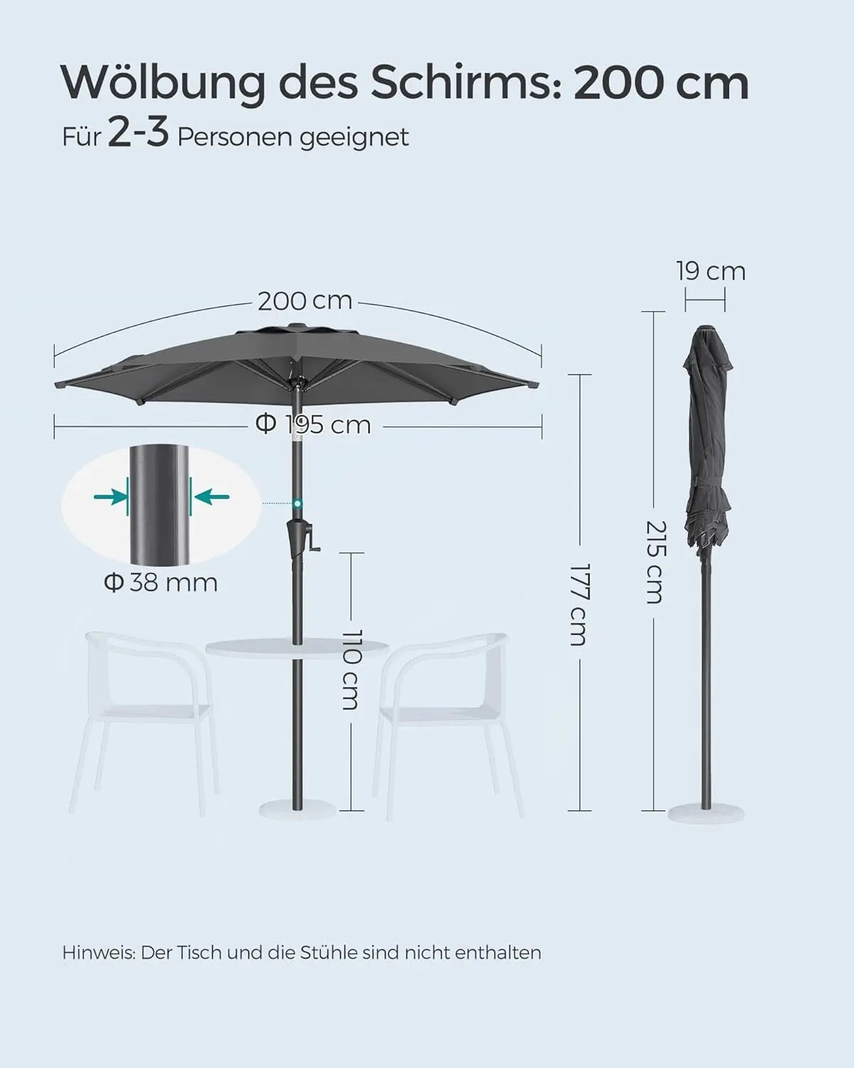 Sonnenschirm 200cm UPF50+ grau von Songmics