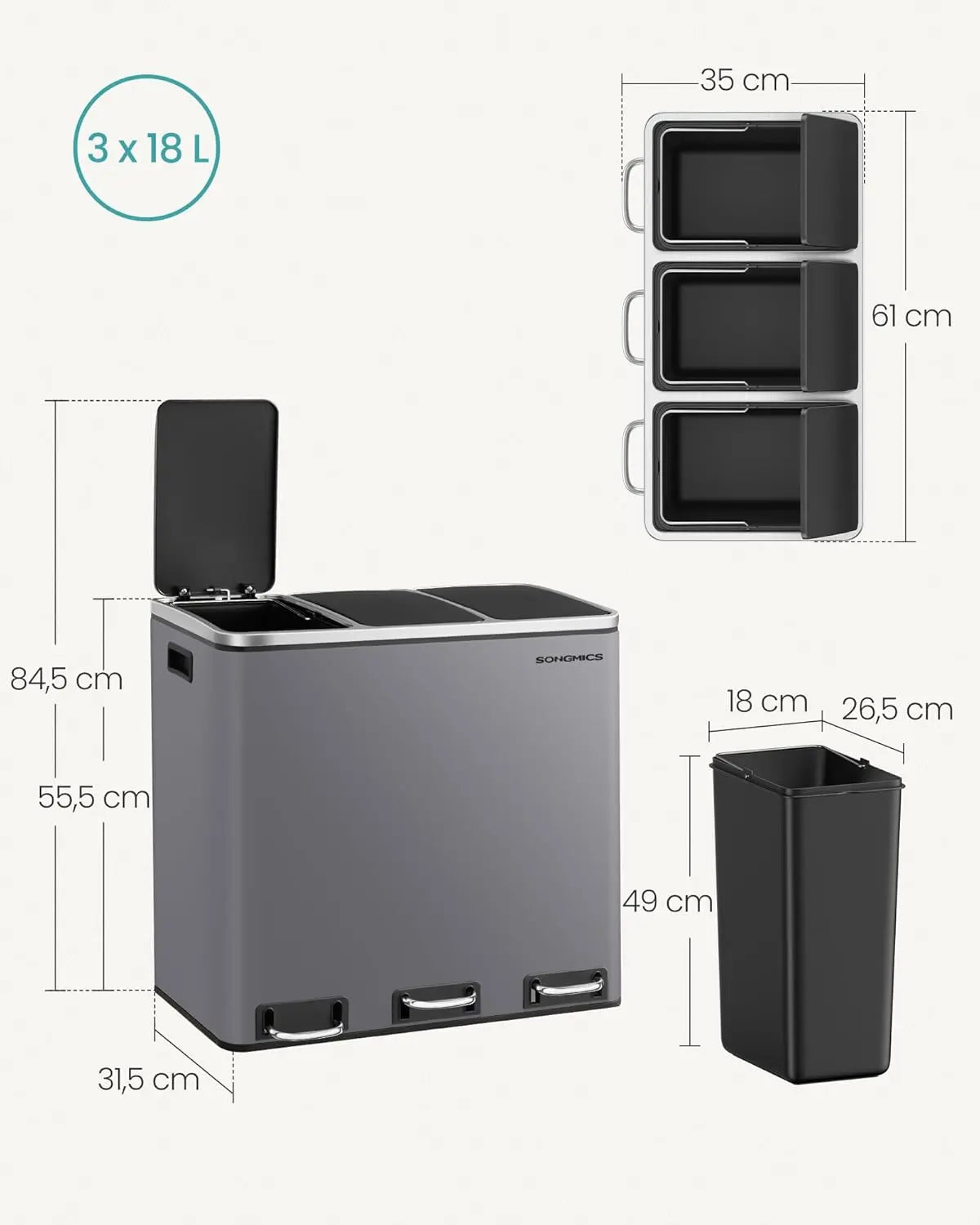 Treteimer 3-Fach 54L mattgrau Metall von Songmics