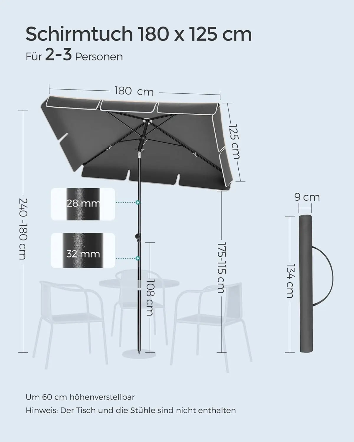 Balkonschirm knickbar UPF50+ grau Polyester 180 x 125 cm von Songmics