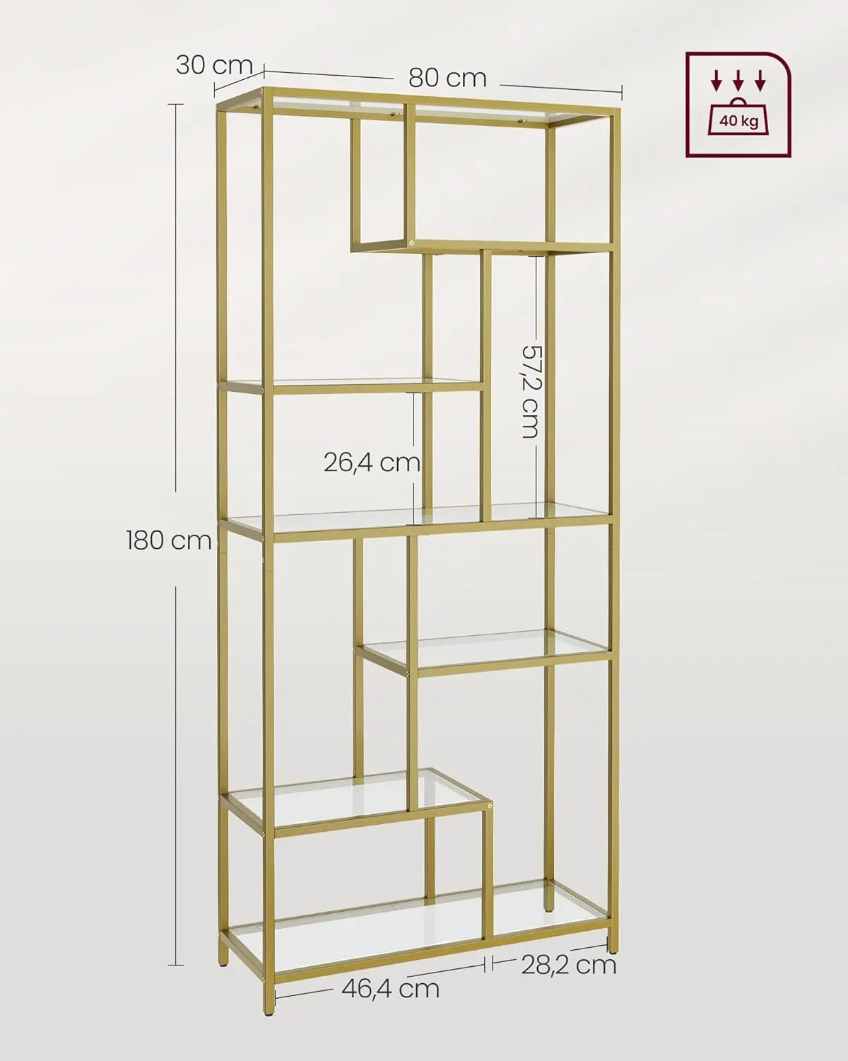Bücherregal 6 Etagen Glas Gold Metall von Songmics