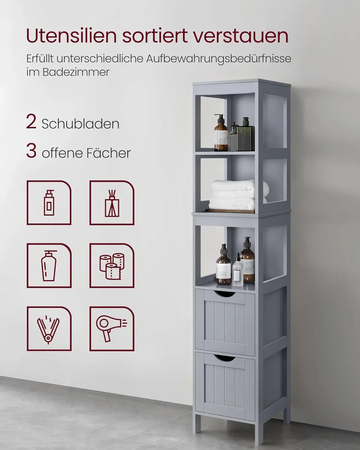 Badezimmerschrank freistehend 2 Schubladen grau Holz von Songmics