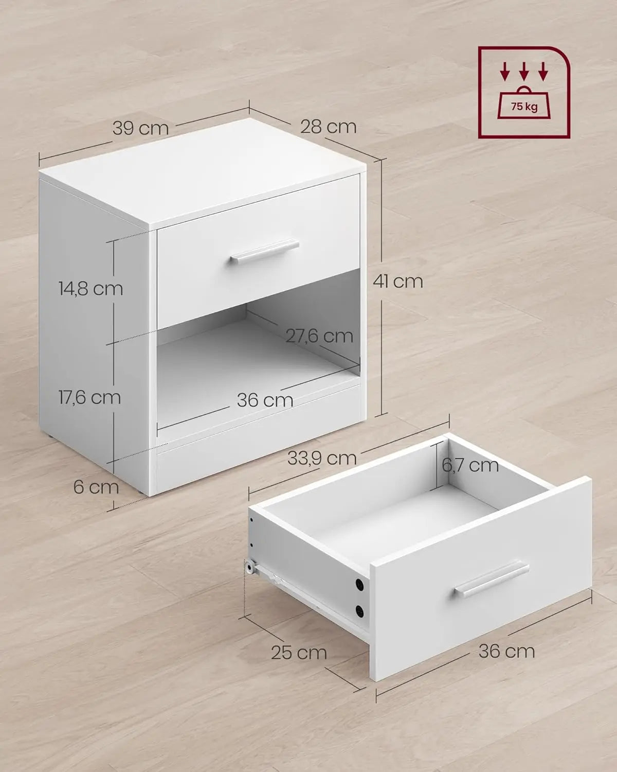 Nachttisch mit Schublade 2er Set Weiss Holz von Songmics