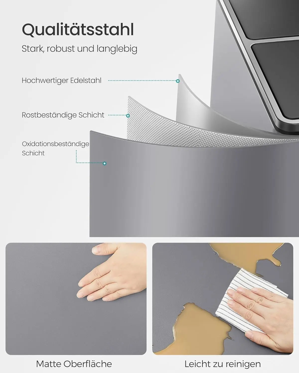 Treteimer 60L Mülltrennsystem Schiefergrau Metall von Songmics