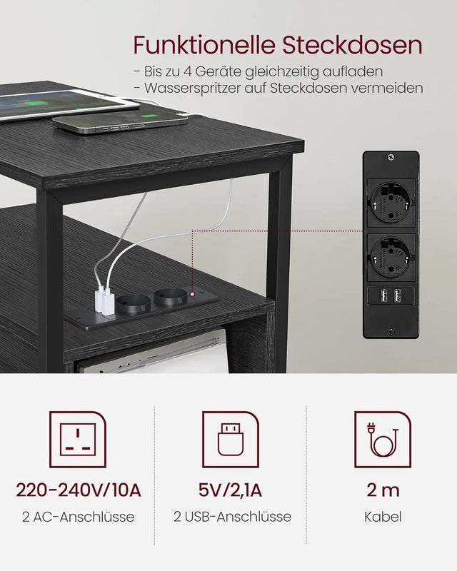 Beistelltisch mit Steckdosenleiste, anthrazitgrau von Songmics