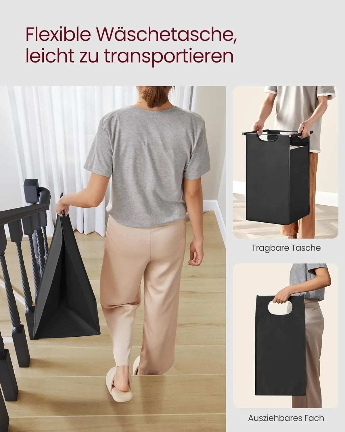 Wäschekorb mit 2 Fächern Ablage, tintenschwarz-vintagebraun von Songmics