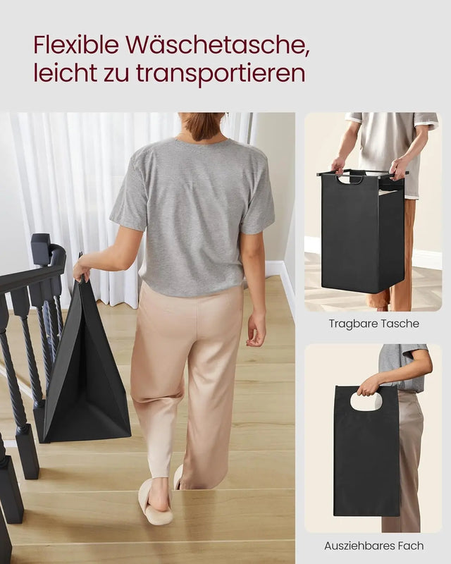 Wäschekorb mit 2 Fächern Ablage, tintenschwarz-vintagebraun von Songmics