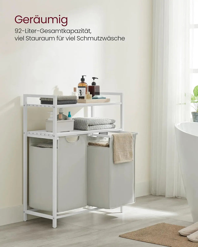 Wäschekorb mit 2 Fächern und 2 Ablagen, ausziehbar, weiss von Songmics